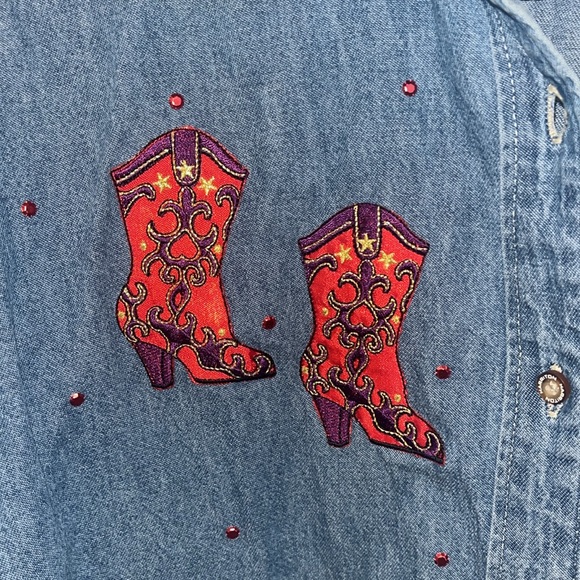 Cowboy Cote Jean Shirt embellished with Western Boots & Hat Women’s L - Picture 3 of 7